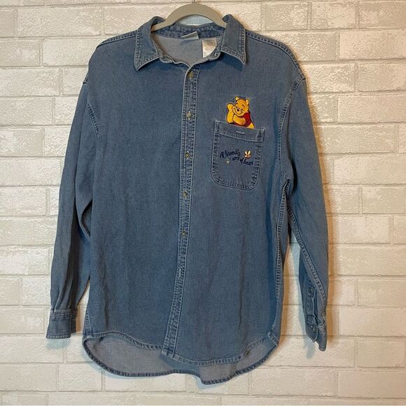 00’s Vintage Pooh Disney “a friendly sort of bear” Ribbed Denim Buttondown Flaw - Picture 1 of 11